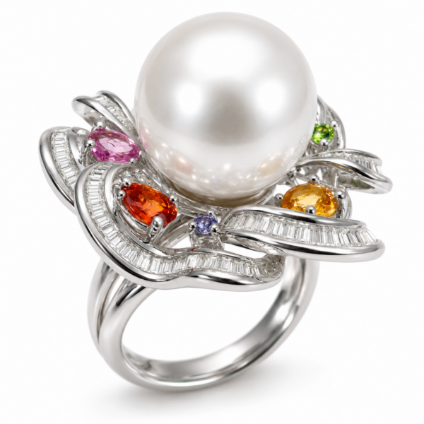 R013 - Λευκά Διαμάντια 1,07Ct - Ζαφείρια 2,50Ct - Μαργαριτάρι Νοτίων Θαλασσών 13,57mm