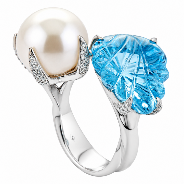 R017 - Λευκά Διαμάντια 0,39Ct - Άκουαμαρινα 15,47Ct - Μαργαριτάρι Νοτίων Θαλασσών 13-14mm