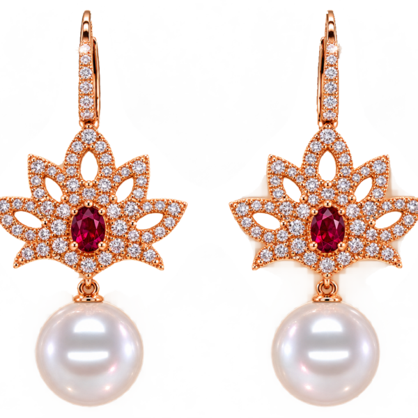 E004 - Λευκά Διαμάντια 1,01Ct - Ρουμπίνια 0,62Ct - Μαργαριτάρια Νοτίων Θαλασσών 13-14mm