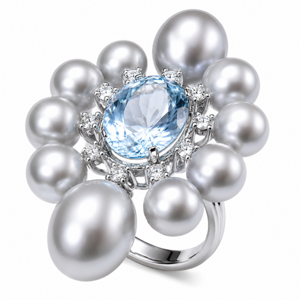 R225 – Brilliant Cut Diamonds 0,46Ct - Aquamarine 9,08Ct - Fresh Water Pearl 7,5-8mm / 11-11,5mm