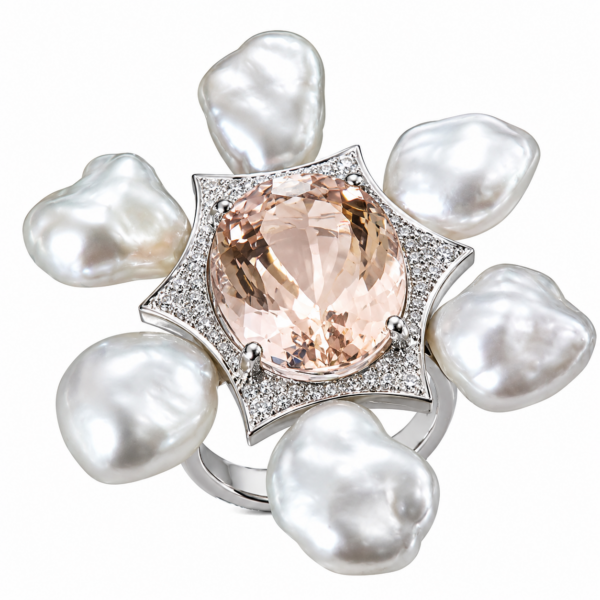 R222 – Brilliant Cut Diamonds 0,52Ct - Morganite 11,60Ct - Keshi Pearl 11-12mm