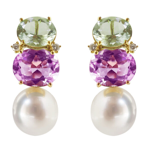 E225 – Αμέθυστος 14,69Ct – Πράσινος Αμέθυστος 6,70Ct – Λευκά Διαμάντια 0,20Ct – Μαργαριτάρια Νοτίων Θαλασσών 12-13mm