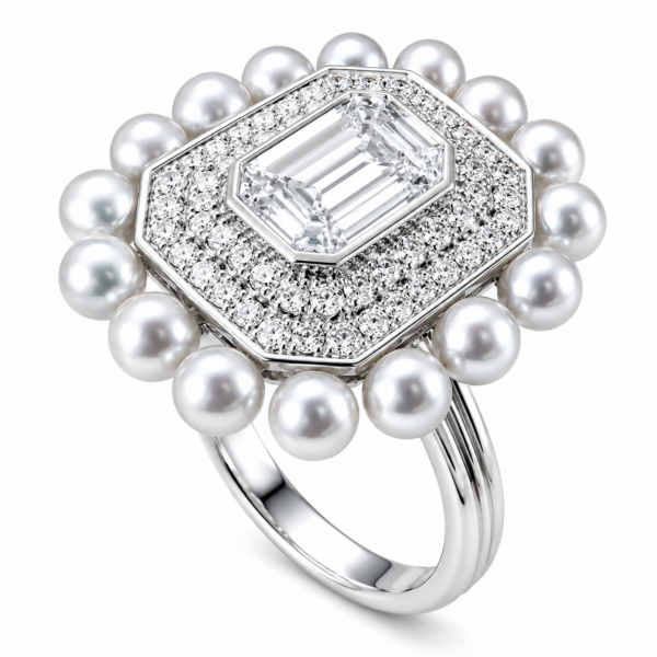 R003 –  Λευκά Διαμάντια 0,60Ct - Σμαράγδια 0,62Ct - Μαργαριτάρια Ακόγια Ιαπωνίας 3-4mm