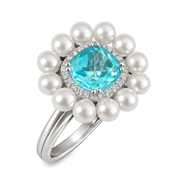 R239 - Blue Topaz 1,85Ct - Brilliant Cut Diamonds 0,11Ct - Akoya Pearls 3-3,5mm