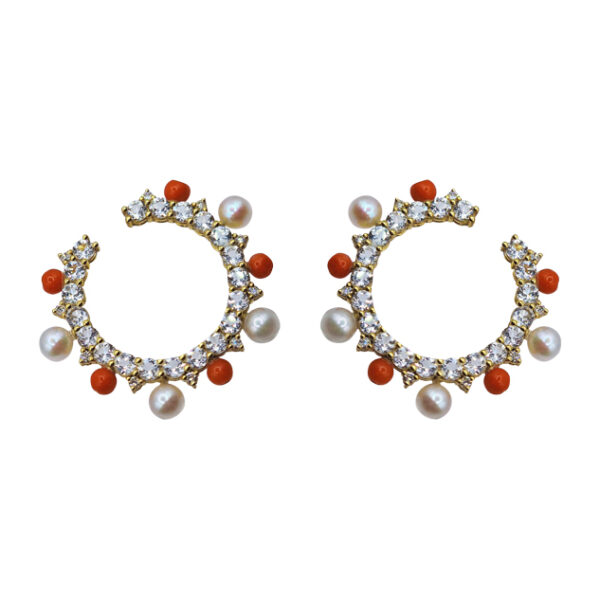 E189 - Λευκά Διαμάντια  0,40 Ct -Τοπάζ 5,60 ct - Κοράλλι - Μαργαριτάρια Ακόγια Ιαπωνίας 4-5mm