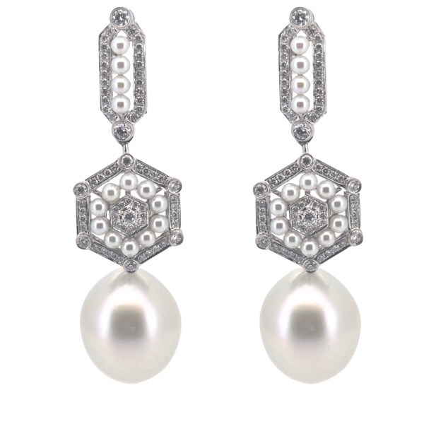 E245- Σκουλαρίκια με Μαργαριτάρια Νοτίων Θαλασσών 12-13mm- Akoya Ιαπωνίας 2-2,5mm- Λευκά Διαμάντια 2,10cts