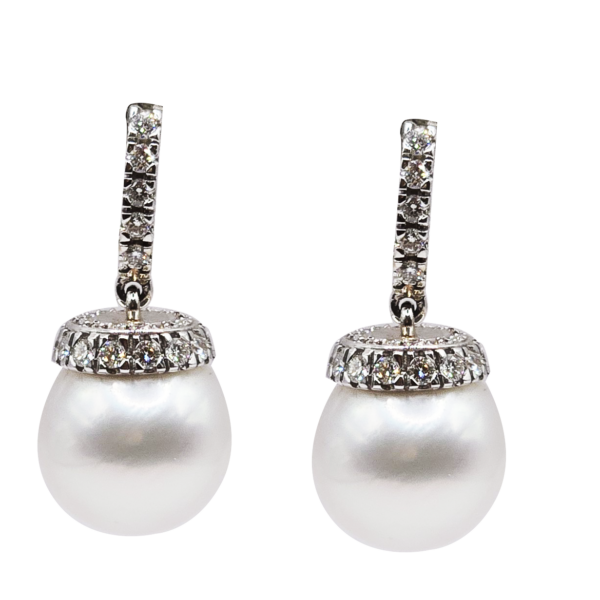 E250- Σκουλαρίκια με Λευκά Διαμάντια σε κοπή brilliant 1,30 cts - Μαργαριτάρια Νοτίων Θαλασσών 14-15mm