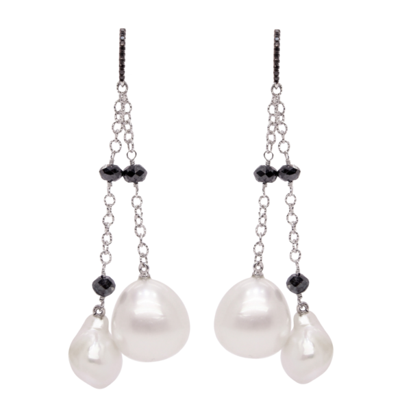 E253- Σκουλαρίκια με Μαύρα Διαμάντια 4,14cts- Μαργαριτάρια Νοτίων Θαλασσών 13-14 mm- Λευκός Χρυσός Κ18