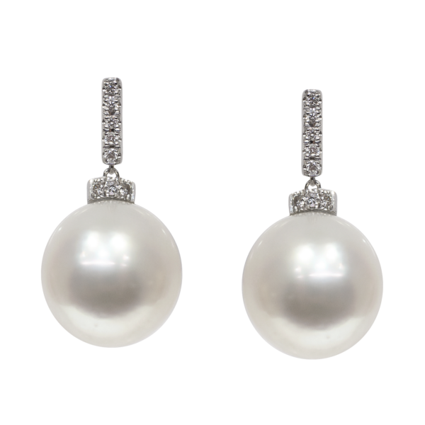 E247- Σκουλαρίκια με Λευκά Διαμάντια 0,12 cts - Μαργαριτάρια Νοτίων Θαλασσών 11-12mm