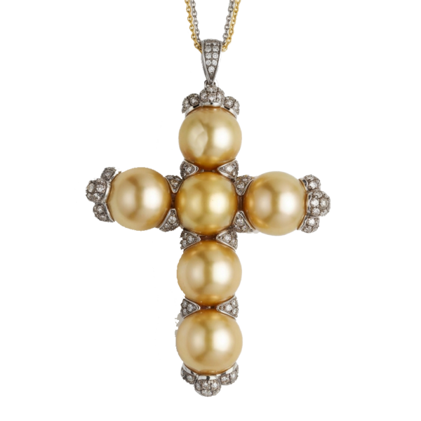 P081- Σταυρός με Χρυσά Μαργαριτάρια Νοτίων Θαλασσών 12-13 mm- Λευκά Διαμάντια Brilliant Cut 3.97 Cts