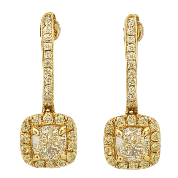 DE028- Σκουλαρίκια με Κίτρινα Διαμάντια Cushion Cut 2.02 Cts & Brilliant Cut 0.72 Cts-Κίτρινος Χρυσός Κ14