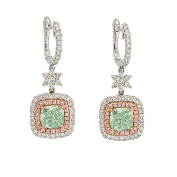 DE024- Σκουλαρίκια με Πράσινα Διαμάντια Cushion Cut 1,25 Cts &1.21 Cts- Brilliant 0.70 Cts