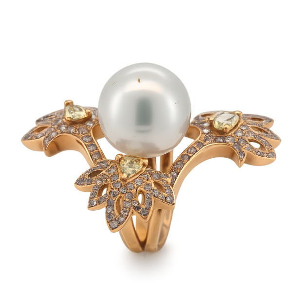 R308- Δαχτυλίδι με Fancy Yellow Diamonds 1.98 Cts- Mαργαριτάρι Νοτίων Θαλασσών 12-13 mm