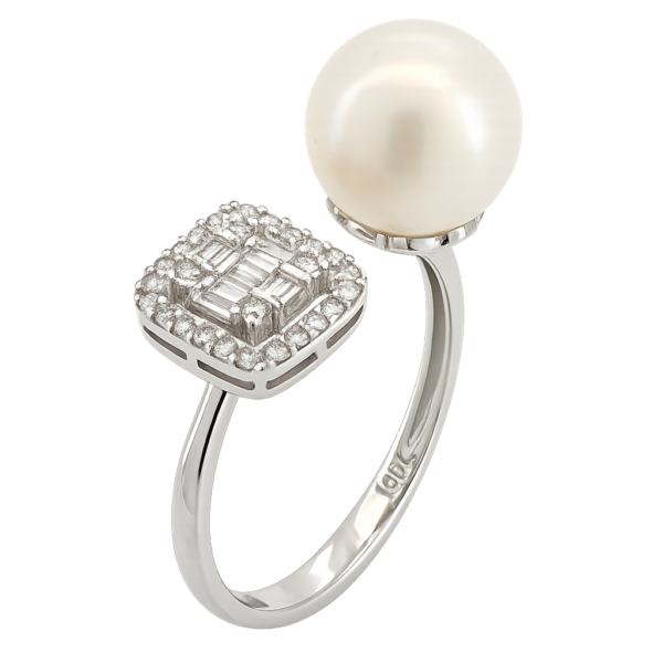 E312- Δαχτυλίδι με Μαργαριτάρι Νοτίων Θαλασσών 10-11 mm- Λευκά Διαμάντια  brilliant cut 0.16Cts- baguette cut 0.07 Cts