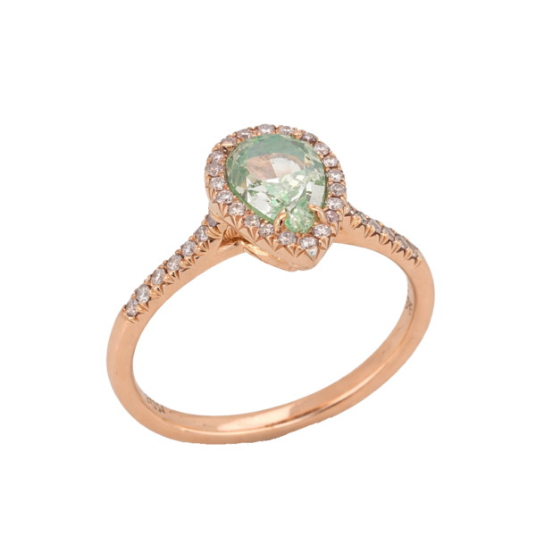 DR060- Δαχτυλίδι με Πράσινα Διαμάντια Pear Cut 1.09 Cts και Λευκά Διαμάντια Br 0.22 Cts σε ροζ Χρυσό