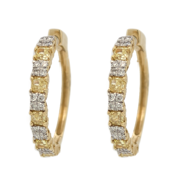 DE034-Σκουλαρίκια με Κίτρινα Διαμάντια Cushion Cut 0.96 Cts- Λευκά Διαμάντια Round Cut 0.34Cts