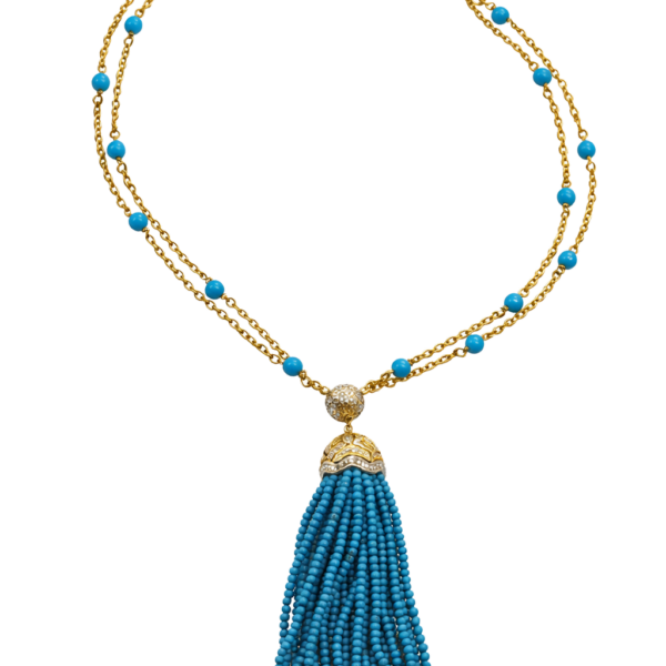 DN008-Κολιέ με Τυρκουάζ πάνω σε Κίτρινο Χρυσό Κ18 με Λευκά Διαμάντια br. 0.88 Cts