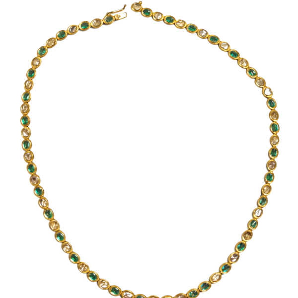 DN009- Κολιέ με παλιάς κοπής Λευκά Διαμάντια & Σμαράγδια σε χειροποίητο ασήμι