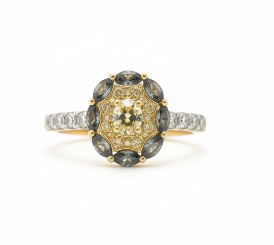 DR052- Δαχτυλίδι με Κίτρινα Διαμάντια Cushion Cut 0.40 Cts- Αλεξανδρίτη 0.12 Cts