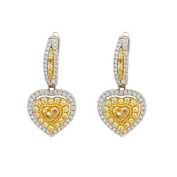 DE021- Σκουλαρίκια με Κίτρινα Διαμάντια Heart Cut 0.60 Cts- Brilliant Cut 0.26 Cts- Λευκά Διαμάντια 0.31 Cts