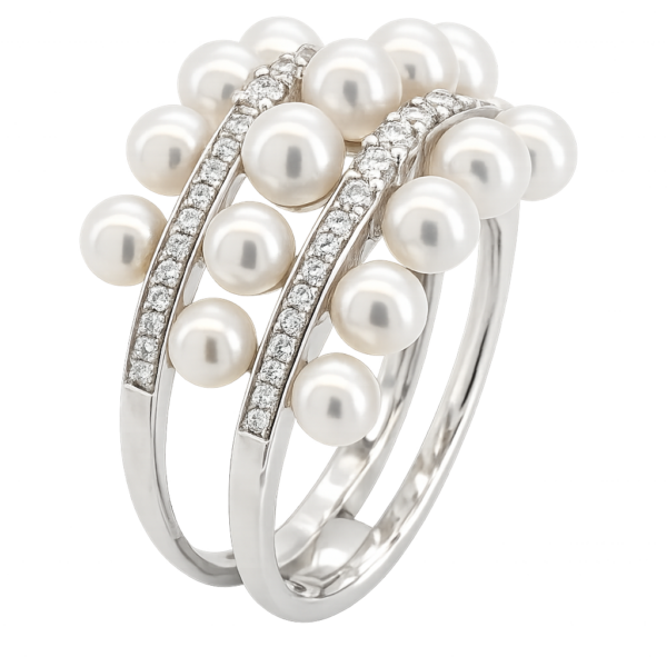 R311- Δαχτυλίδι με Μαργαριτάρια Akoya Ιαπωνίας 3-3.5 mm- Λευκά Διαμάντια brilliant cut 0.58 Cts