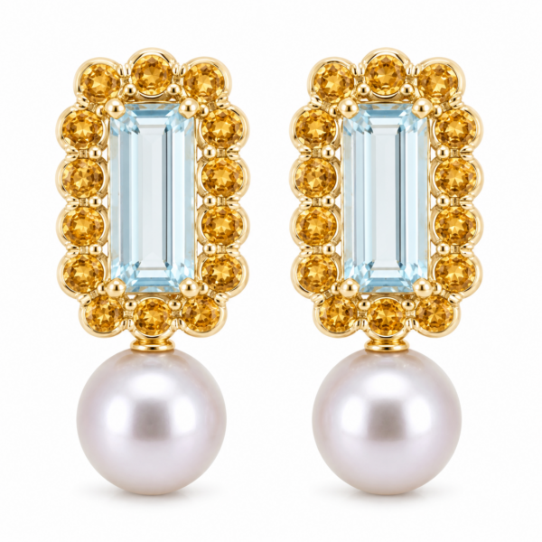 E275- Σκουλαρίκια με Φυσικό Μαργαριτάρι Edison 13-14 mm- Citrine 3.18 Cts- Aqua Marine 9.57 Cts