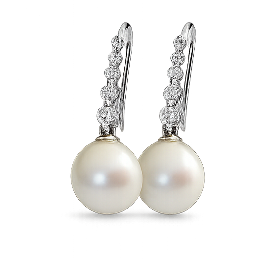 E280- Σκουλαρίκια με Λευκά Διαμάντια 0.32 Cts- Μαργαριτάρι Νοτίων Θαλασσών 10.5 -11 mm- Λευκός Χρυσός Κ18