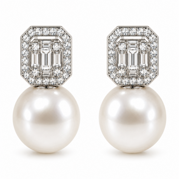 E053- Brilliant Cut Diamonds 0,19 Ct –Baguette Cut Diamonds 0,98 Ct- South Sea Pearls 14-15mm