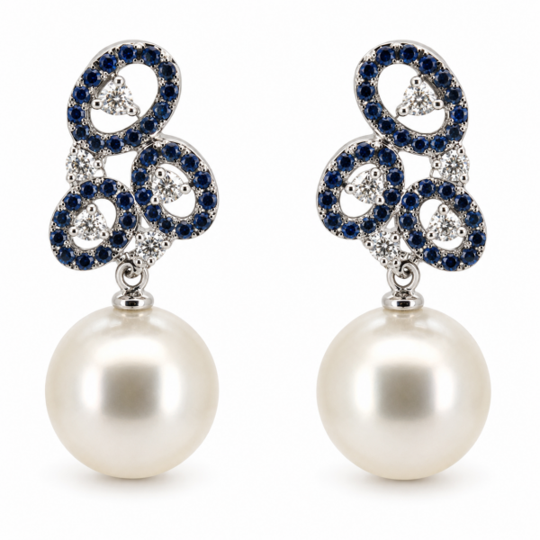 E234- Σκουλαρίκια με Μαύρα Διαμάντια 0.42cts , Λευκά Διαμάντια 0,36 cts - Μαργαριτάρια Νοτίων Θαλασσών 12-13 mm