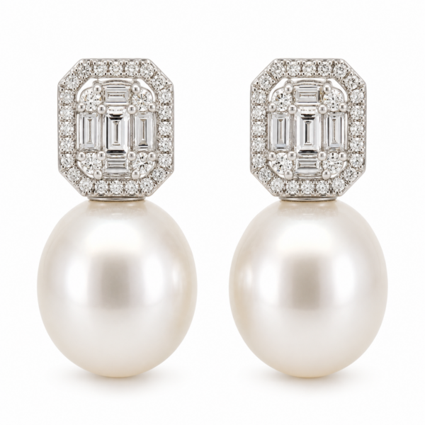 E239- Σκουλαρίκια με Λευκά Διαμάντια brilliant cut 0,30cts -baguette cut 0,57cts- Μαργαριτάρι Νοτίων Θαλασσών 11-12 mm