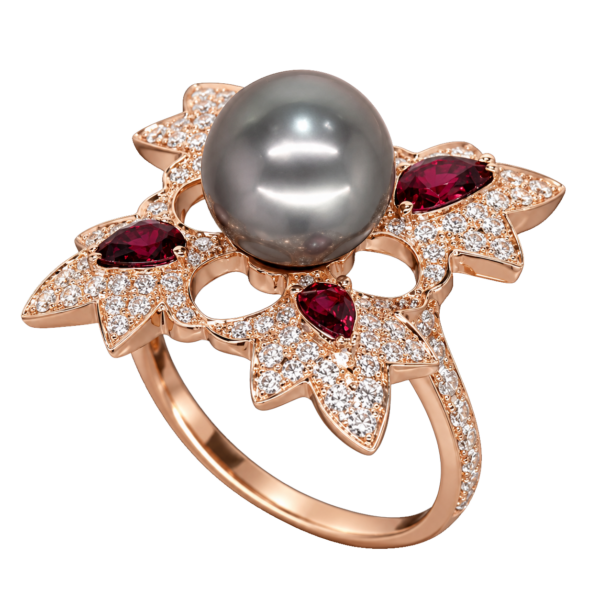 R195 – Λευκά Διαμάντια 0,78Ct - Ρουμπίνια 1,12Ct - Μαργαριτάρι Ταϊτής 10-11mm