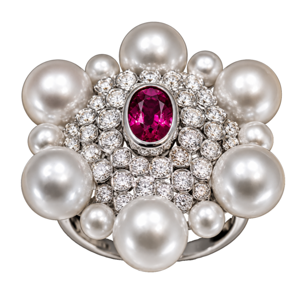 R245 - Brilliant Cut Diamonds 0,43Ct - Rubies 1,03Ct - Akoya Pearl 3-4mm / 7-7,5mm
