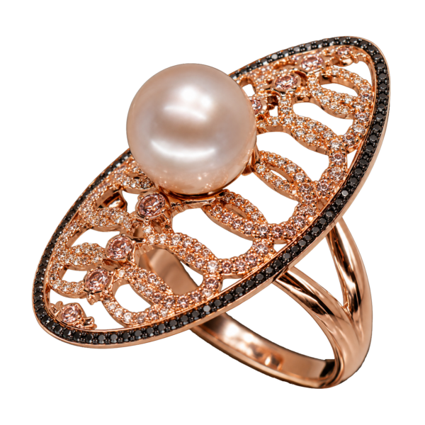 R242 - Brilliant Cut White Diamonds 0,71Ct - Brilliant Cut Black Diamonds 0,26Ct - Akoya Pearl 9-9,5mm